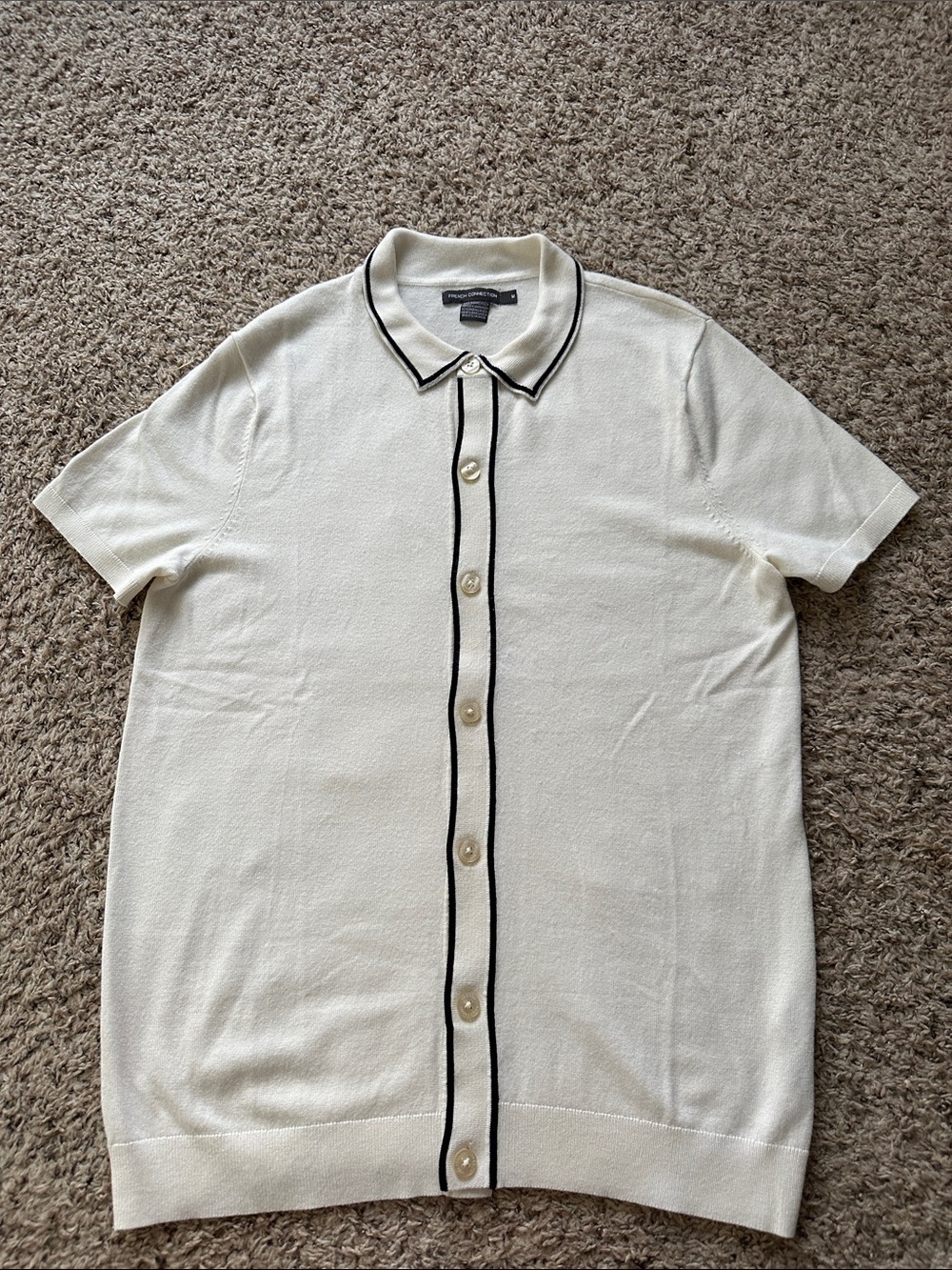 French Connection Cream Short-Sleeve Button-Down Polo with Navy Trim